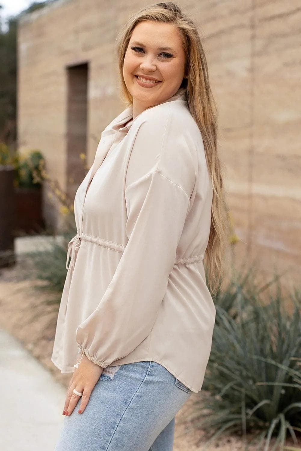 Plus Size/Plus Size Tops/Plus Size Blouses & Shirts Light French Beige Plus Size Puff Sleeve Tied Tunic Shirt