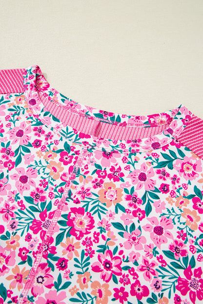 Pink Plus Size Floral Print Corded Patchwork Loose Top