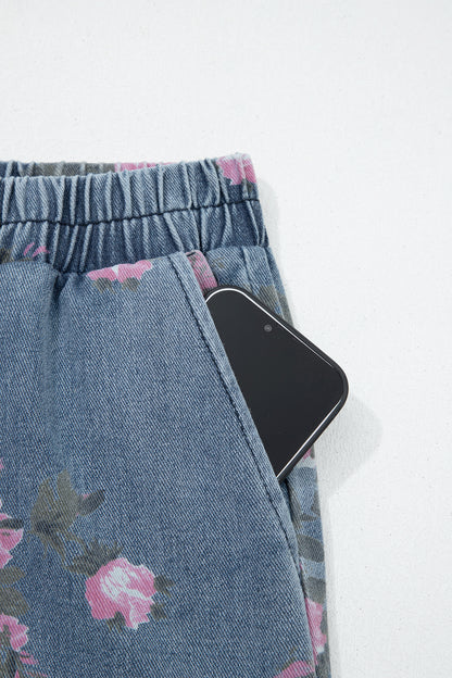 Beau Blue Floral Print Elastic Waist Pull On Casual Jeans