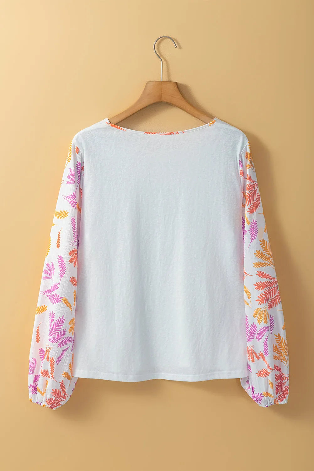 White Tropical Leaf Printed Patchwork Sleeve Round Neck Top - Chic Meadow Boutique 