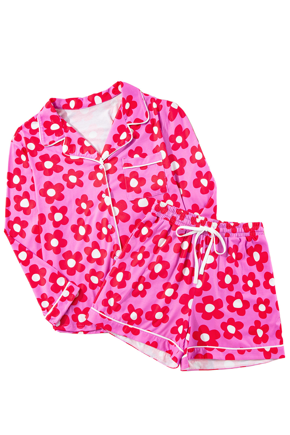 Pink Flower Print Long Sleeve Shirt Shorts Pajamas Set