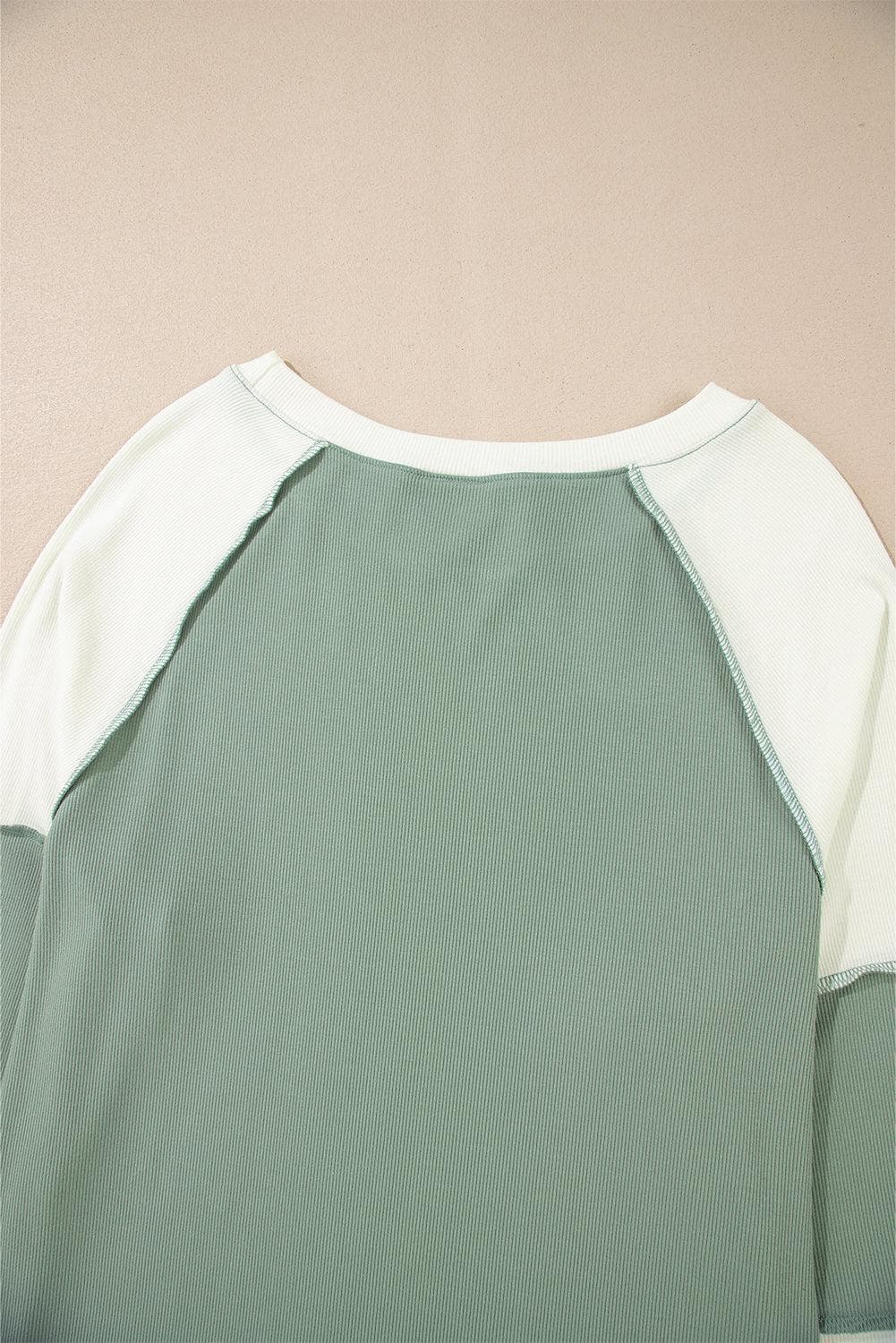 Tops/Long Sleeve Tops Mint Green Ribbed Colorblock Patchwork Raglan Long Sleeve Top