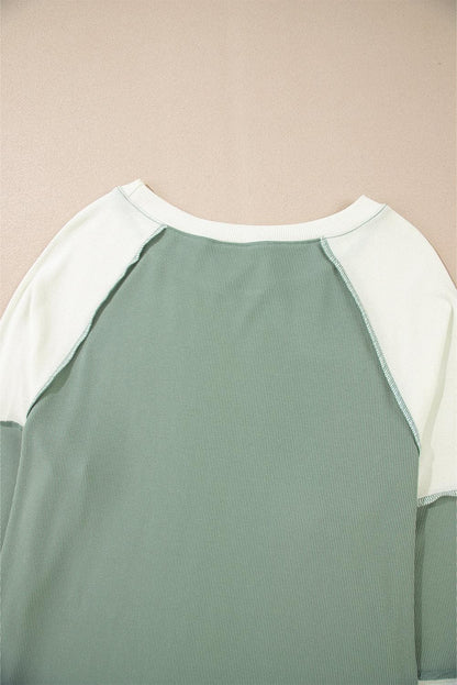 Tops/Long Sleeve Tops Mint Green Ribbed Colorblock Patchwork Raglan Long Sleeve Top