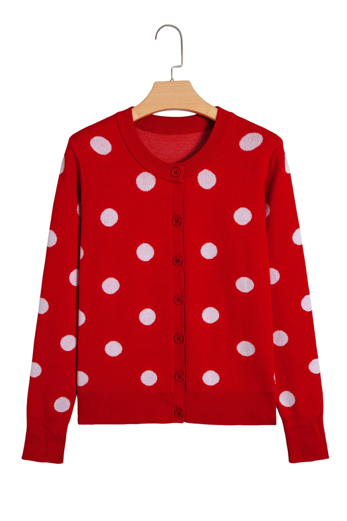 Fiery Red Casual Polka Dot Button Front Long Sleeve Sweater Cardigan