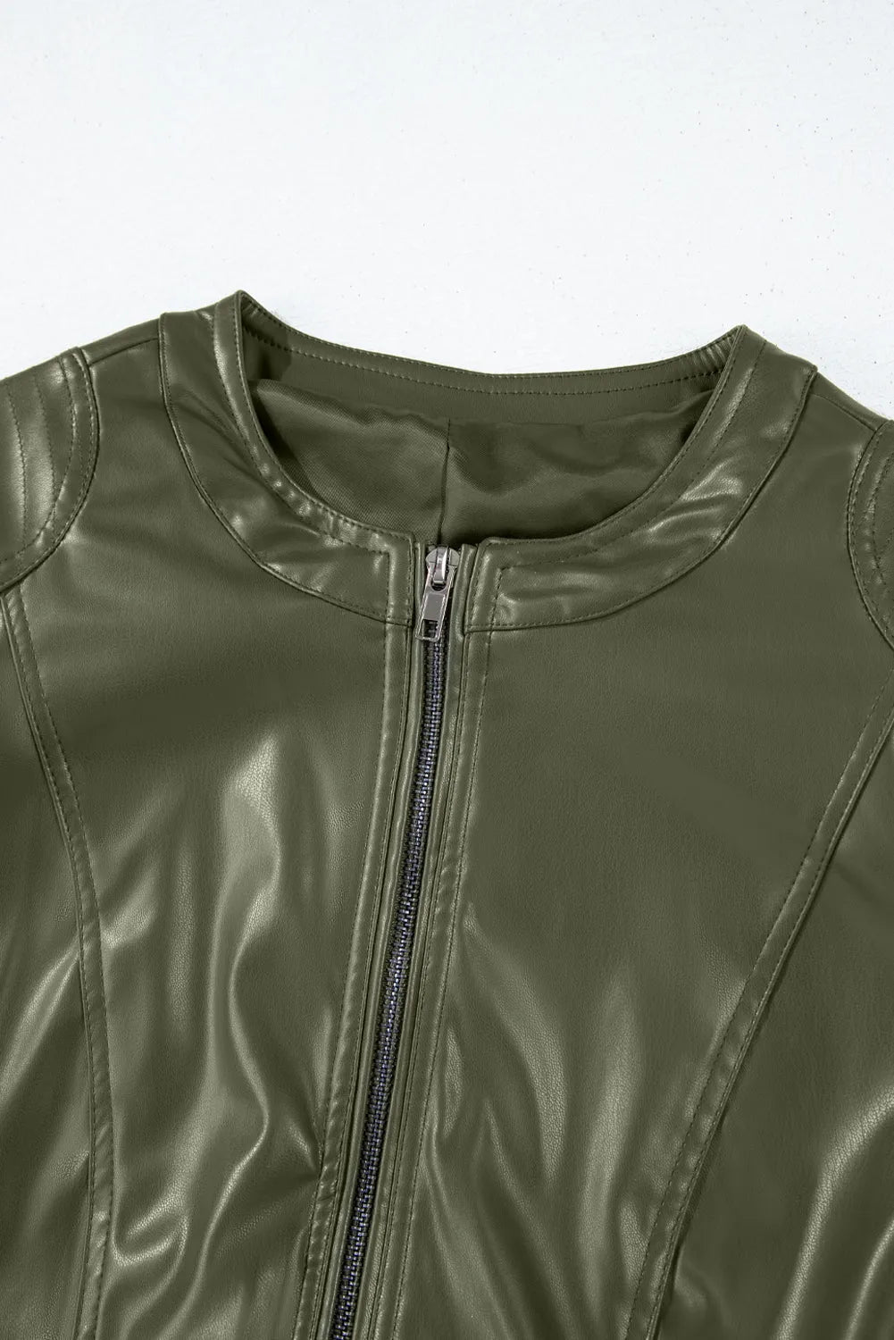 Sage Green Solid Faux Leather Zipper Slim Fit Bomber Jacket - Chic Meadow Boutique 