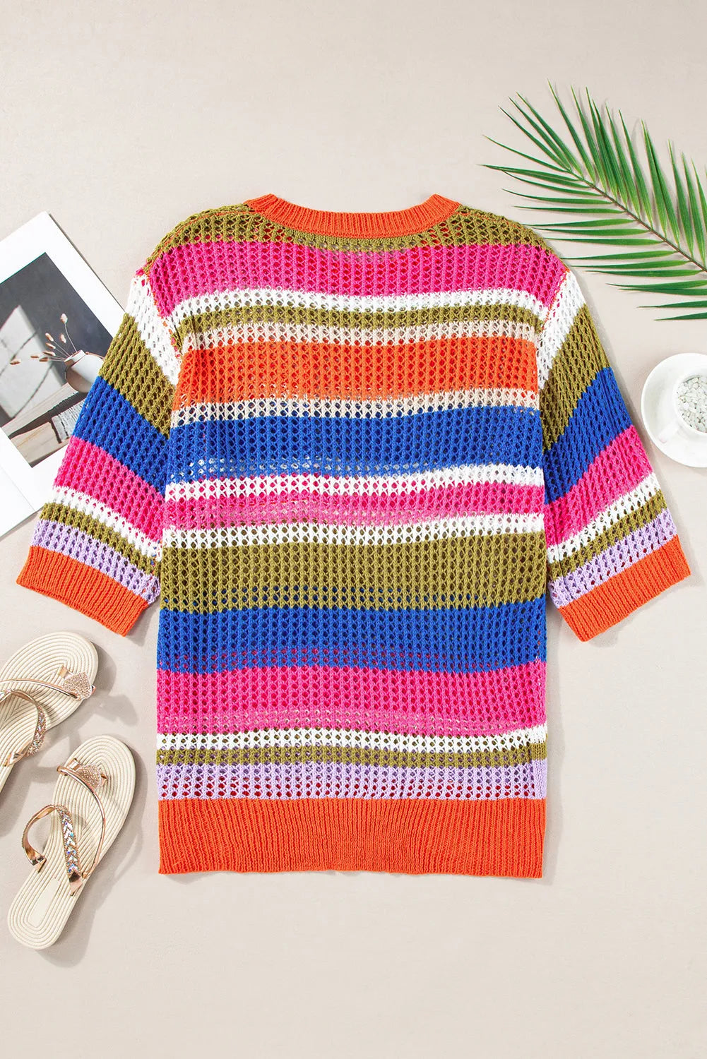 Orange Stripe Colorblock Hollowed Crochet 3/4 Sleeve Sweater - Chic Meadow Boutique 