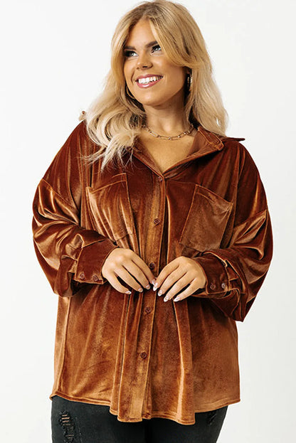 Chestnut Plus Size Velvet Chest Pocket Drop Shoulder Shirt - Chic Meadow Boutique 