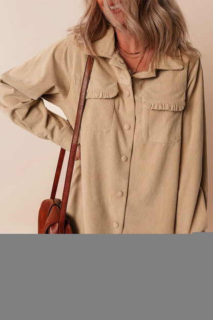 Light French Beige Solid Frilled Flap Pocket Button Up Corduroy Shacket - Chic Meadow Boutique 