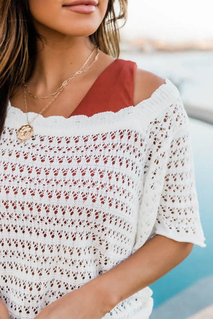 White Scalloped Neckline Open Knit Short Sleeve Sweater - Chic Meadow Boutique 