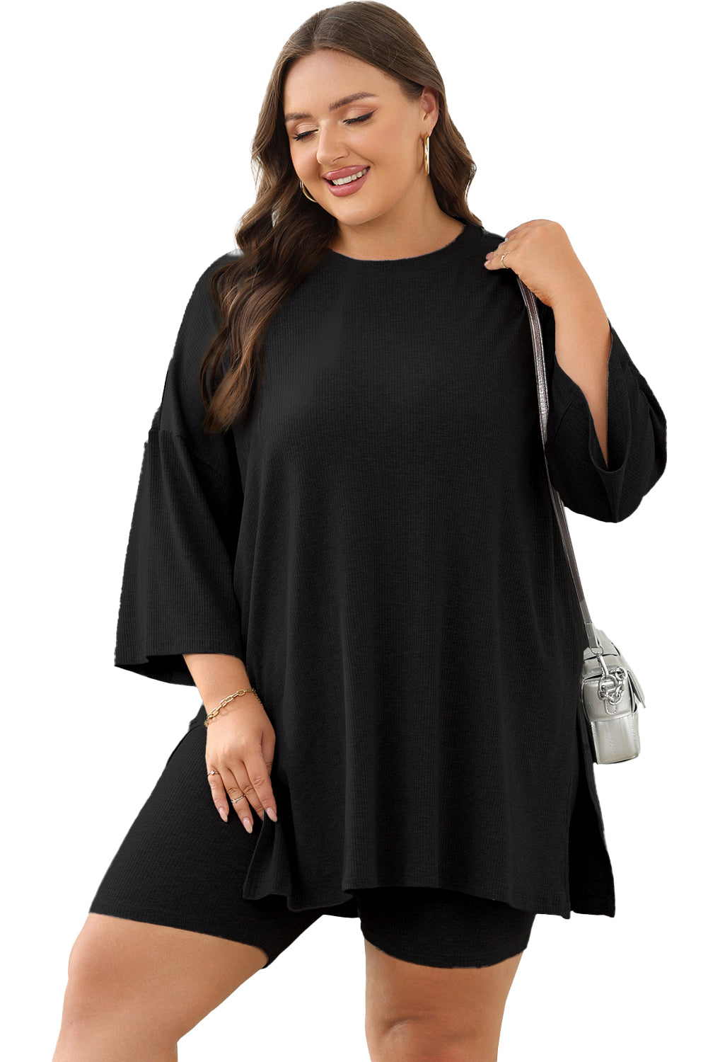 Color black Solid Color Loose Tunic Top and Slim Shorts Set