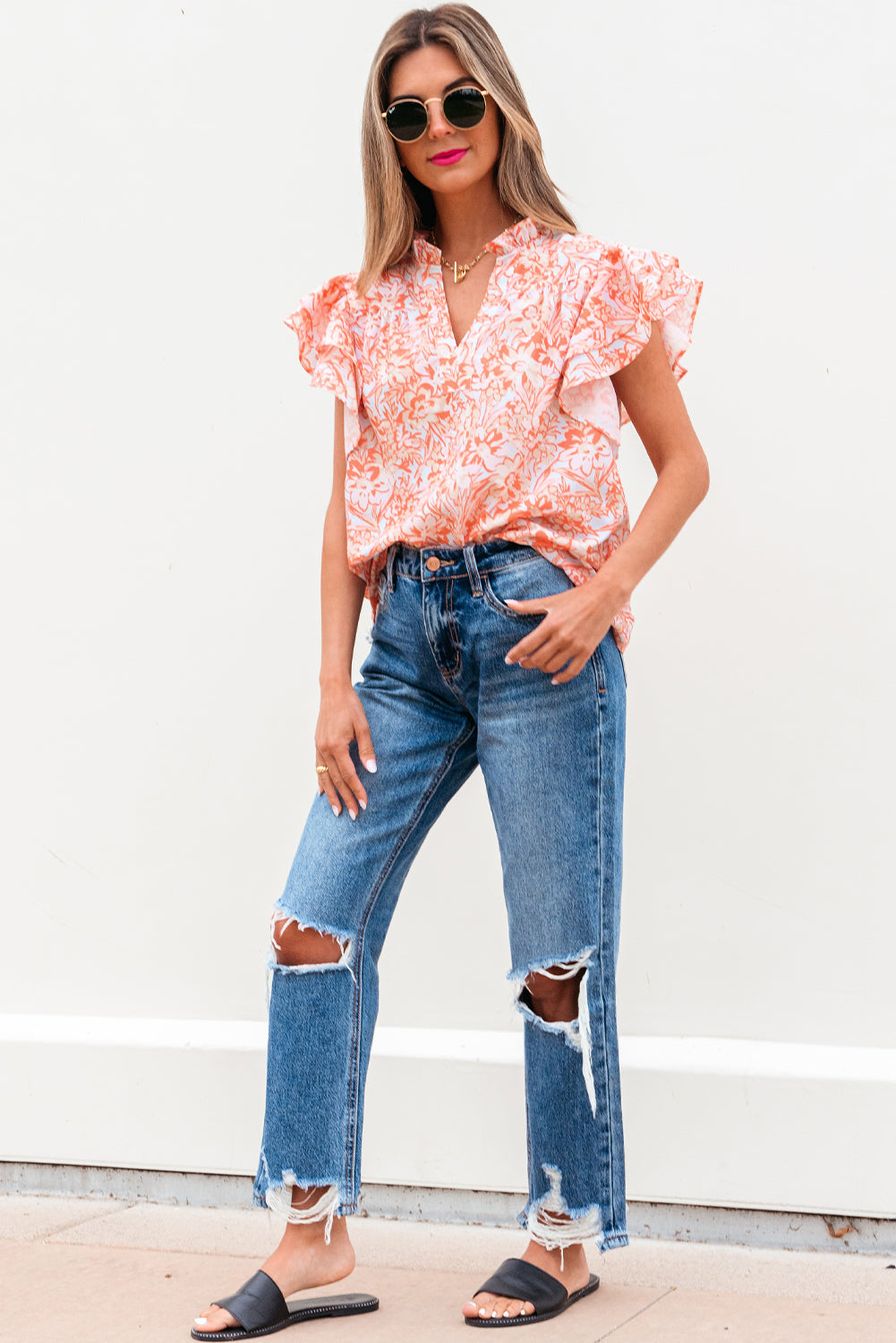 Orange Floral Ruffle Sleeve Split Neck Blouse