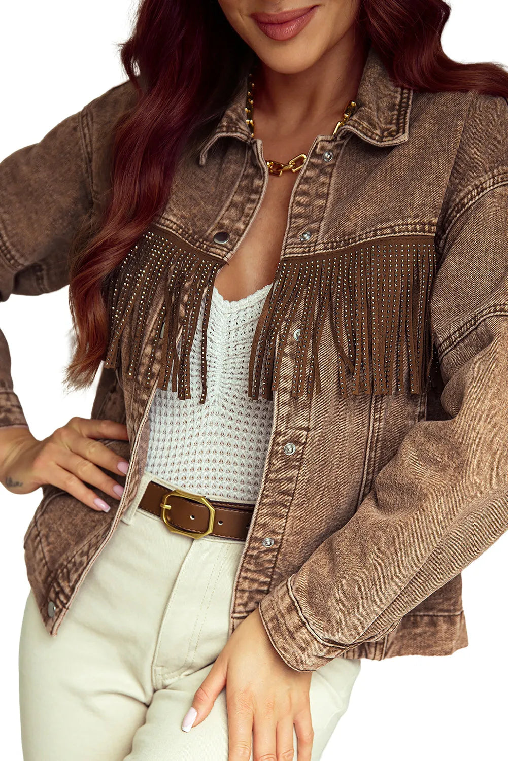 Brown Rhinestone Fringed Cowgirl Fashion Denim Jacket - Chic Meadow Boutique 