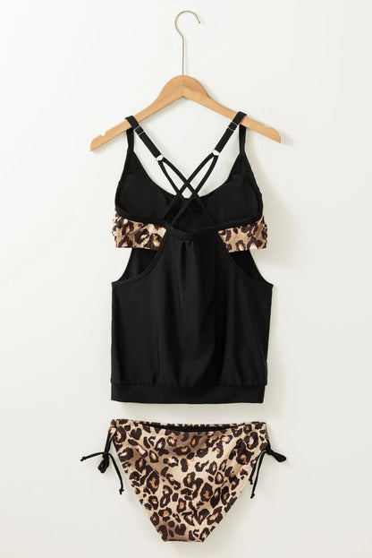 Leopard Grey Layered-Style Striped Tankini with Triangular Briefs - Chic Meadow Boutique 