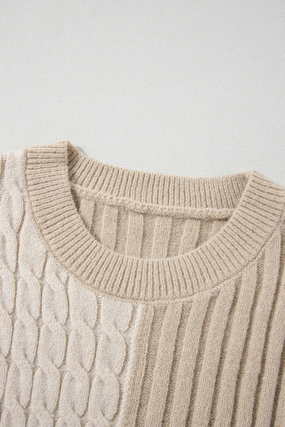 Khaki Cable Knit Colorblock Crew Neck Drop Shoulder Sweater - Chic Meadow Boutique 