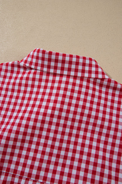 Red Plaid V Neck Long Sleeve Tunic Loose Fit Plus Size Shirt