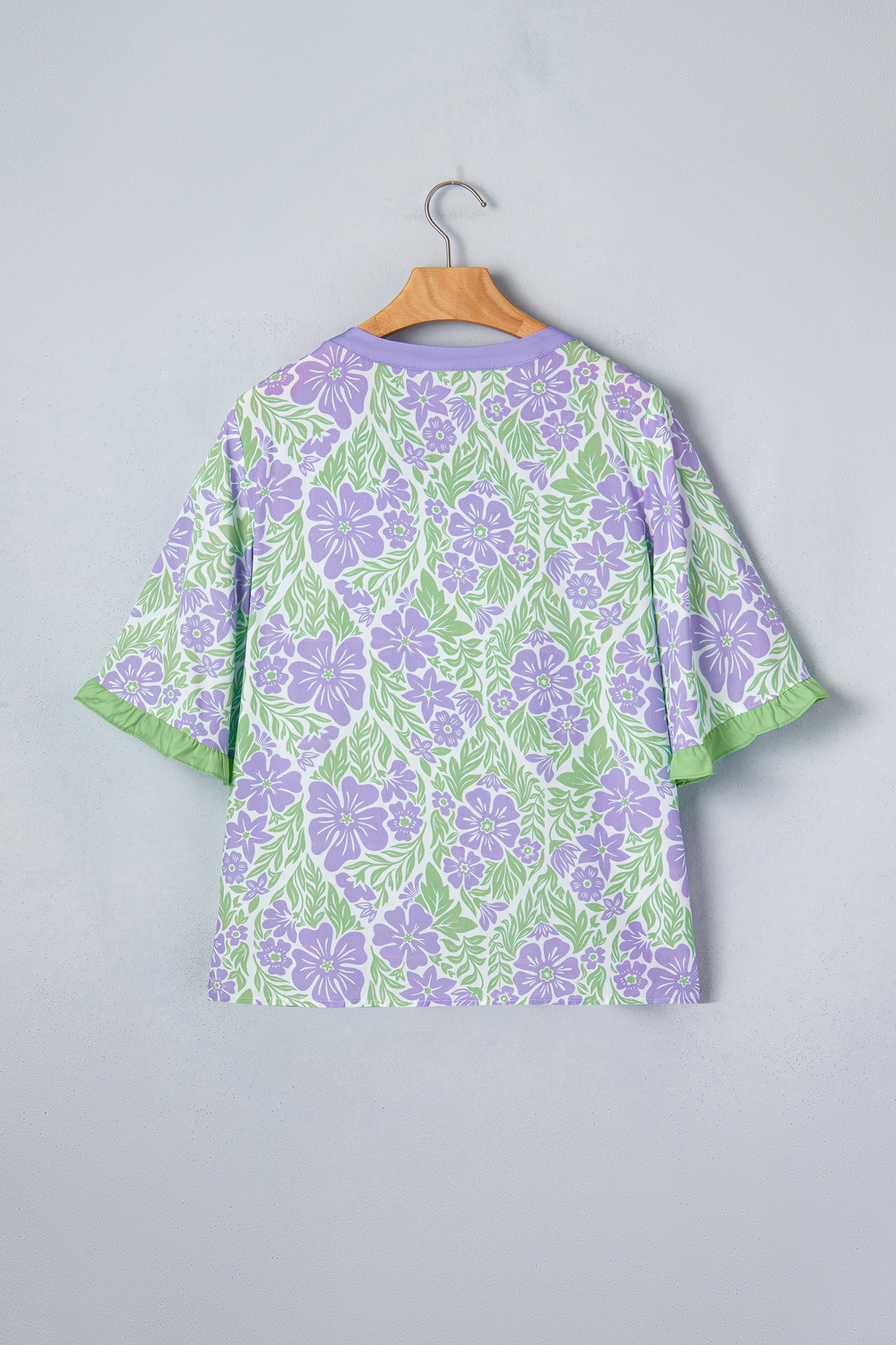 Purple Floral Print Ruffled Color Block Trim Half Sleeve Blouse