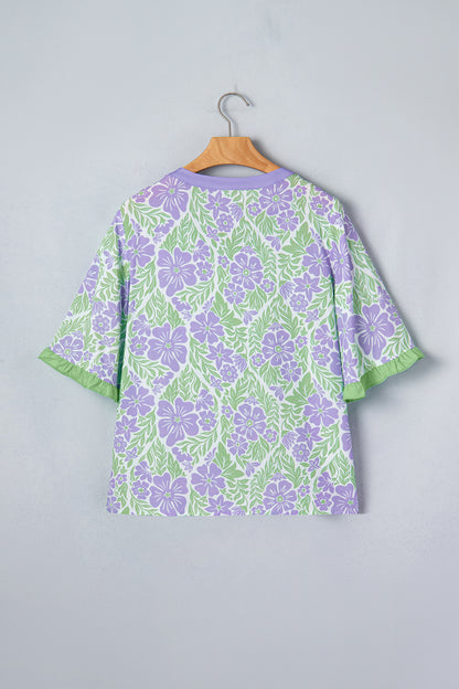 Purple Floral Print Ruffled Color Block Trim Half Sleeve Blouse