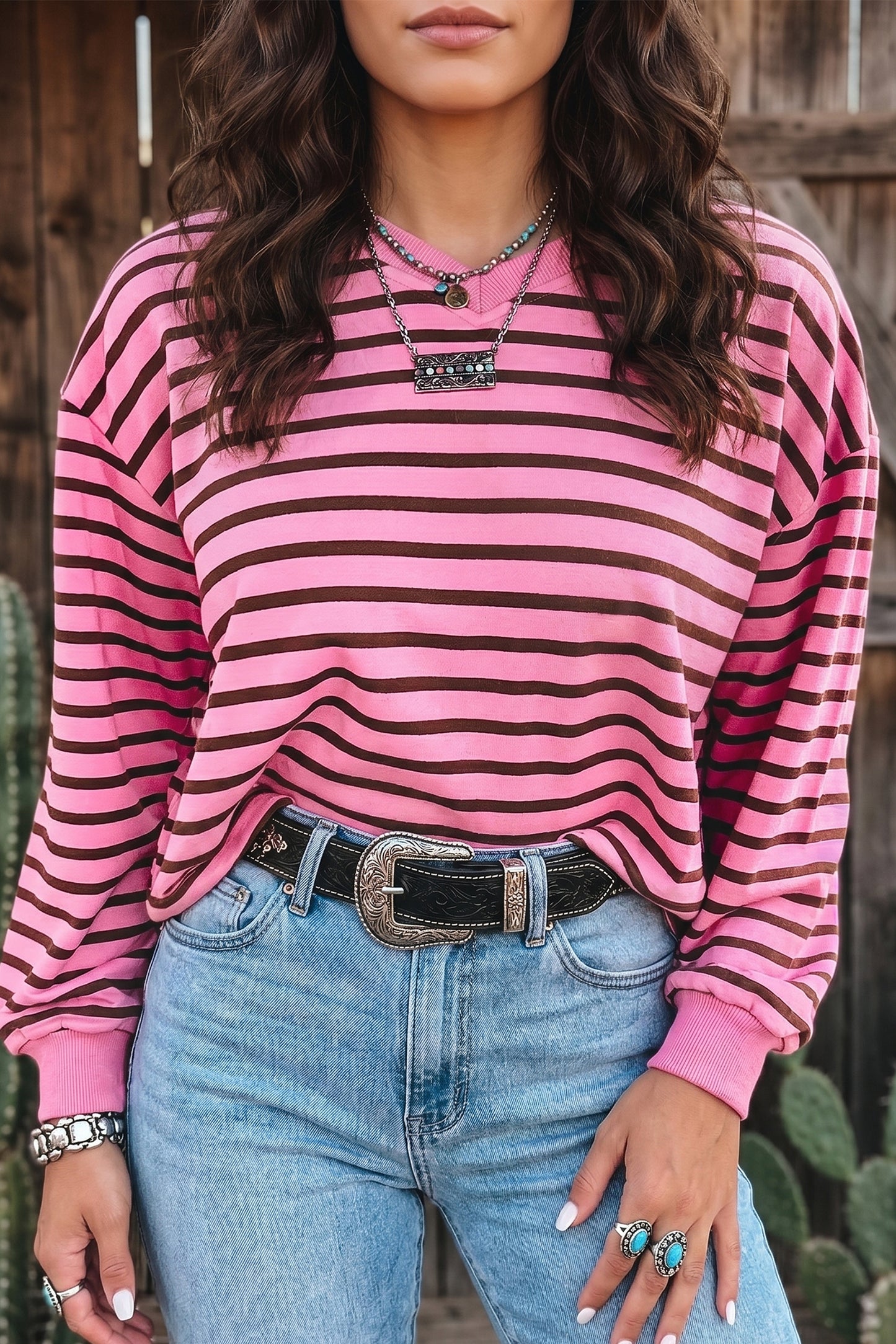 Pink Stripe V Neck Drop Shoulder Long Sleeve Top