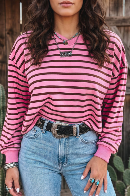 Pink Stripe V Neck Drop Shoulder Long Sleeve Top