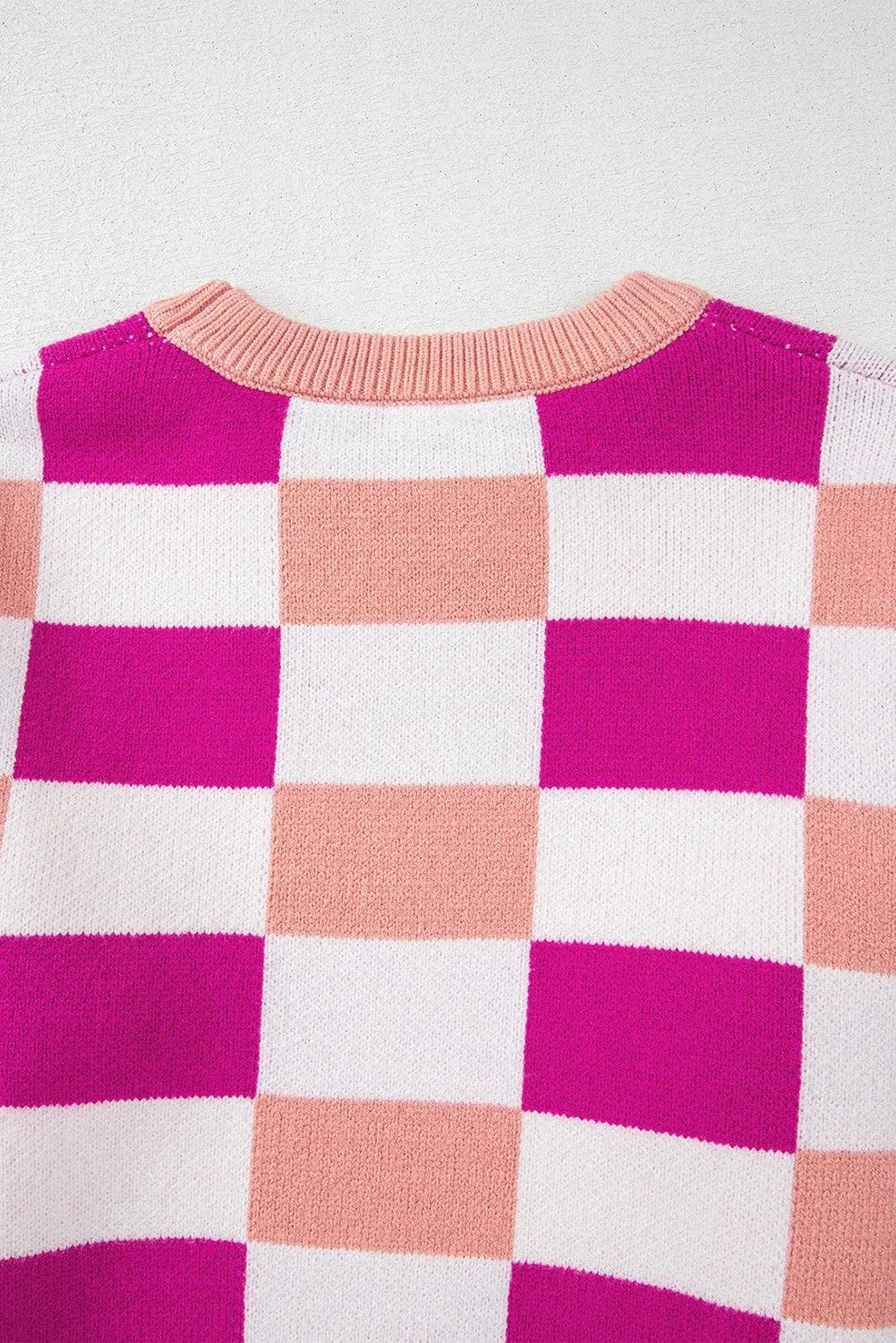 Sweaters & Cardigans/Sweaters Pink Checkered Ribbed Edge O Neck Drop Shoulder Sweater