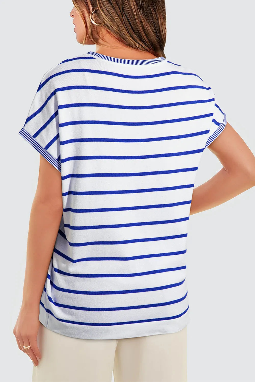 Sky Blue Stripe Knitted Bat Sleeve T Shirt - Chic Meadow Boutique 