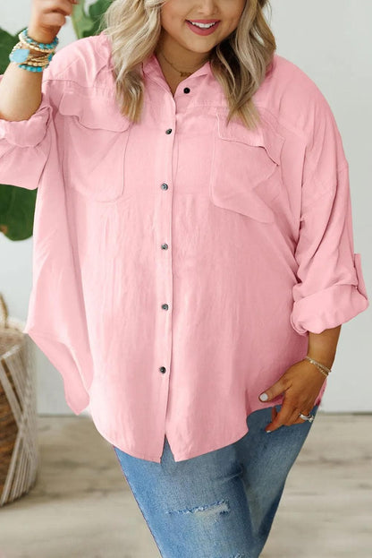 Plus Size/Plus Size Tops/Plus Size Blouses & Shirts Pink Flap Pocket Tab Sleeve Button-Down Plus Size Shirt