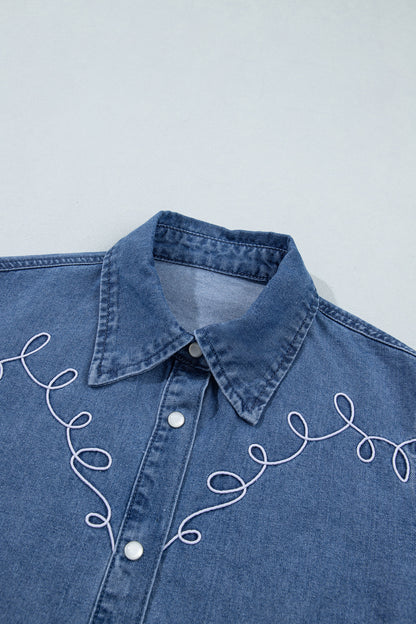 Dusk Blue Western Embroidered Collar Long Sleeve Denim Shirt