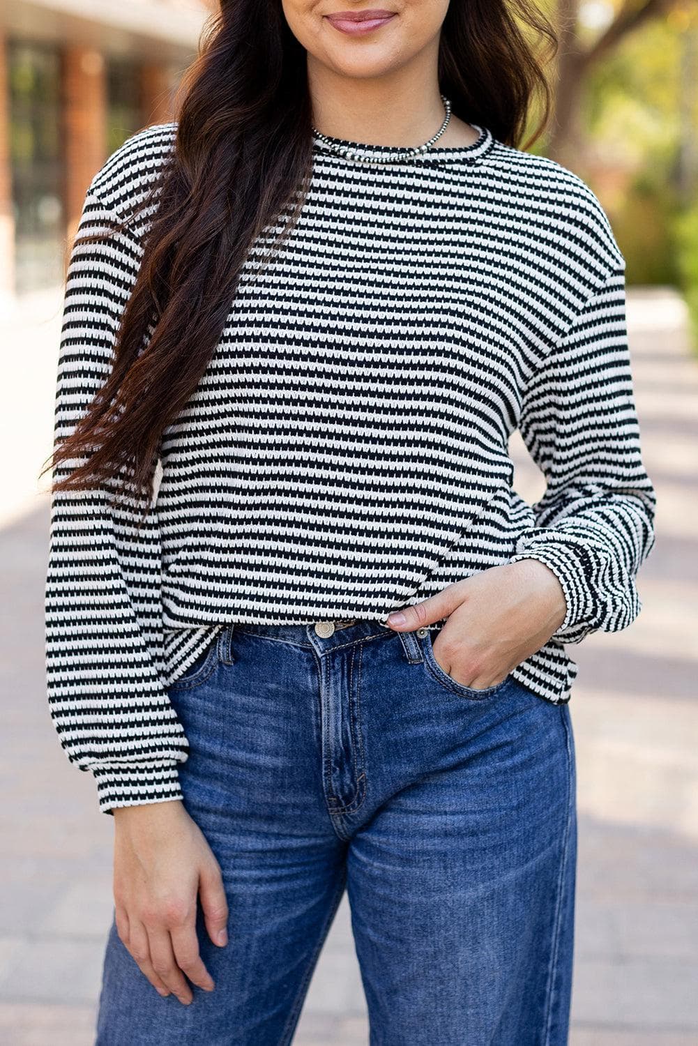 Tops/Long Sleeve Tops Black Stripe Round Neck Drop Shoulder Long Sleeve Top