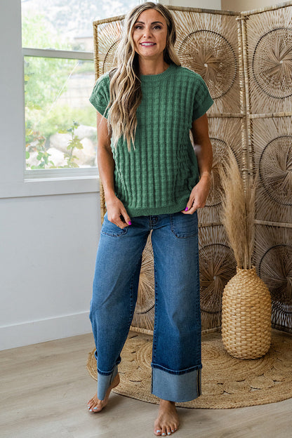 Mist Green Solid Color Round Neck Textured Short Sleeve Sweater