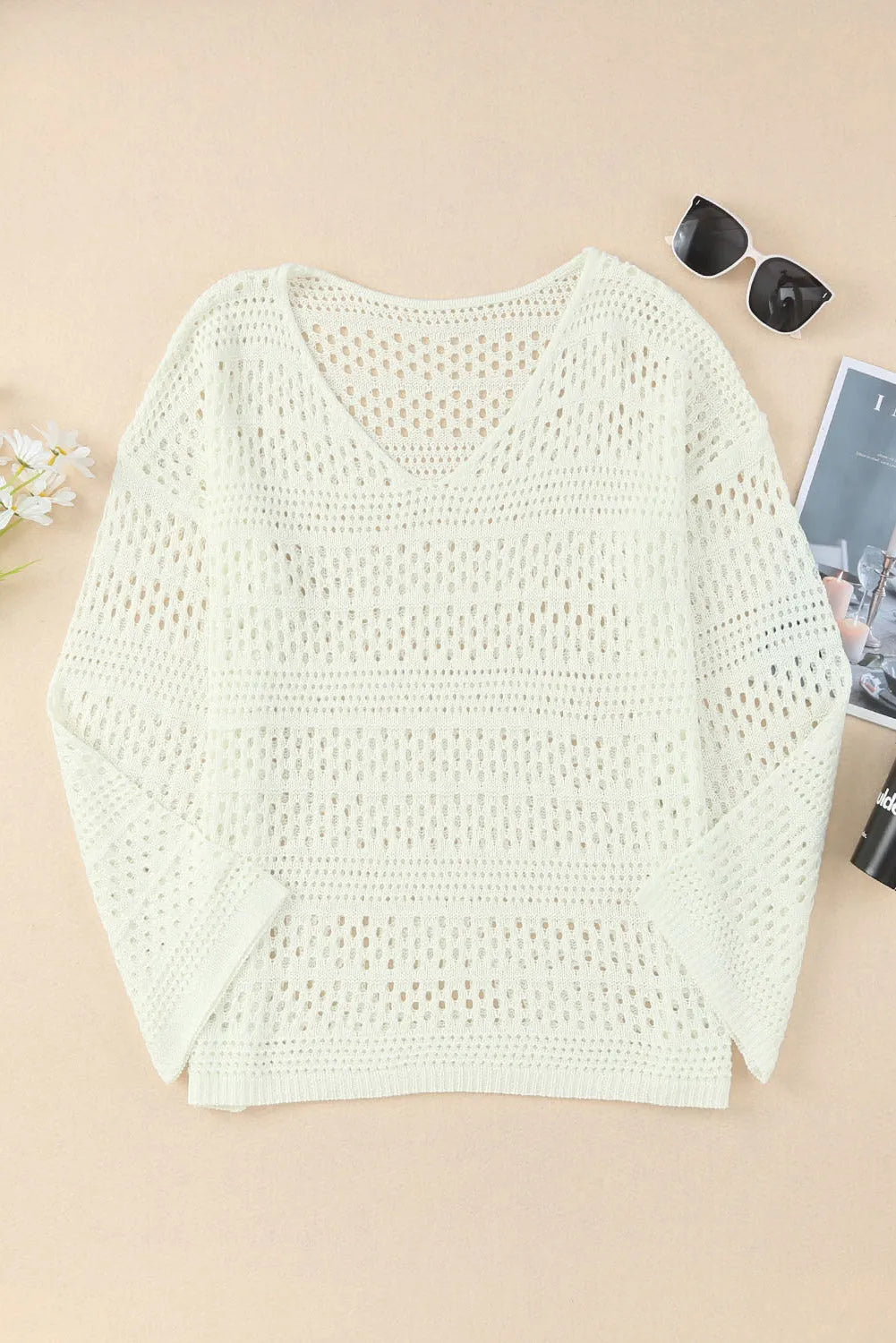 Swimwear/Beach Cover-ups White Hollow Out Crochet V Neck Pullover Sweater