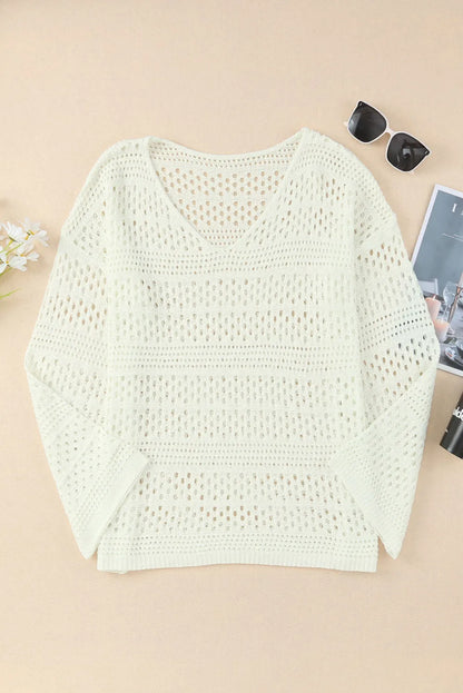 White Hollow Out Crochet V Neck Pullover Sweater - Chic Meadow Boutique 