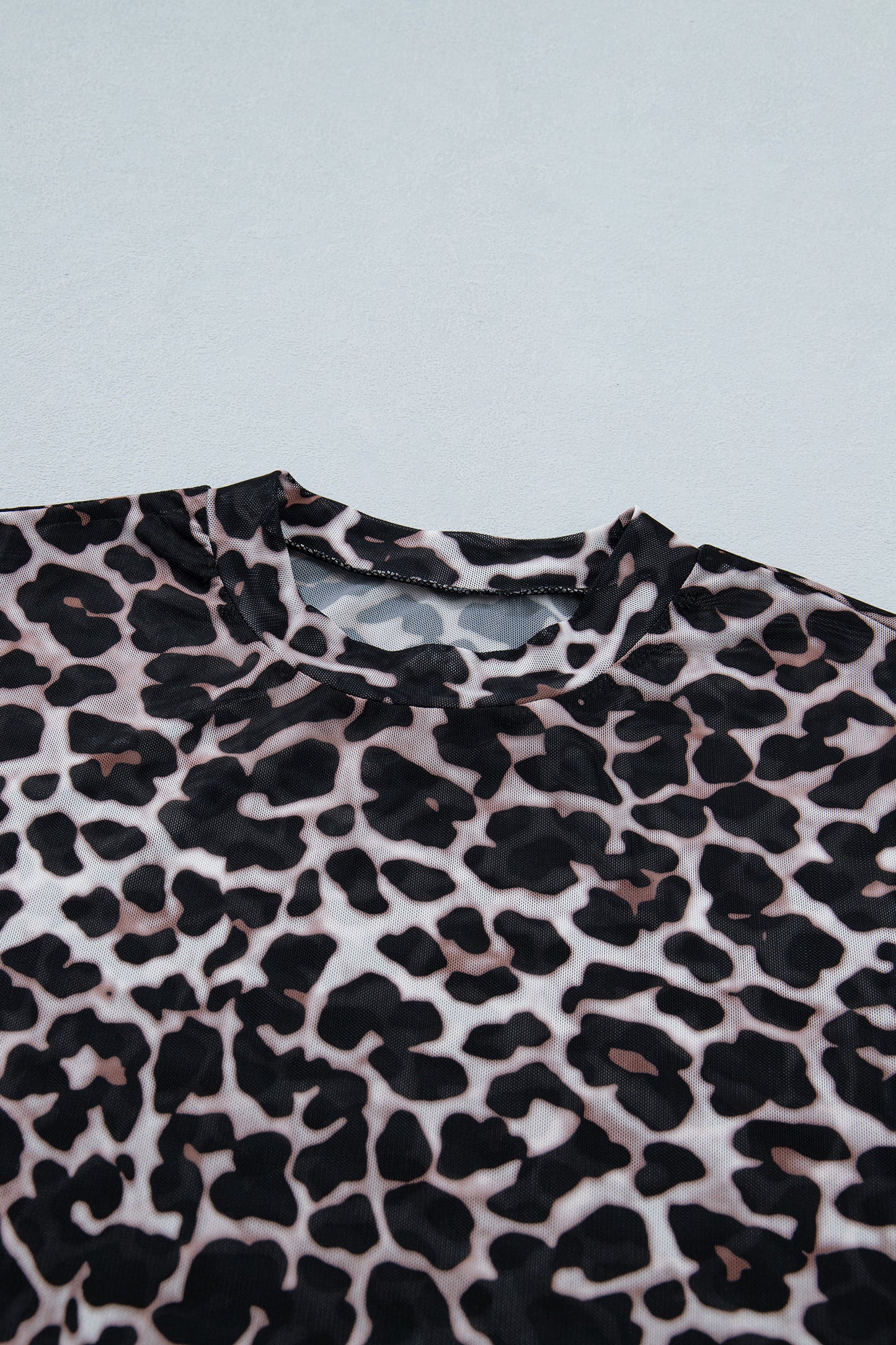 Khaki Leopard Print Sheer Mesh Short Sleeve Top