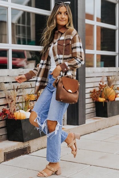 Brown Pocketed Buttoned Plaid Shirt Jacket - Chic Meadow Boutique 