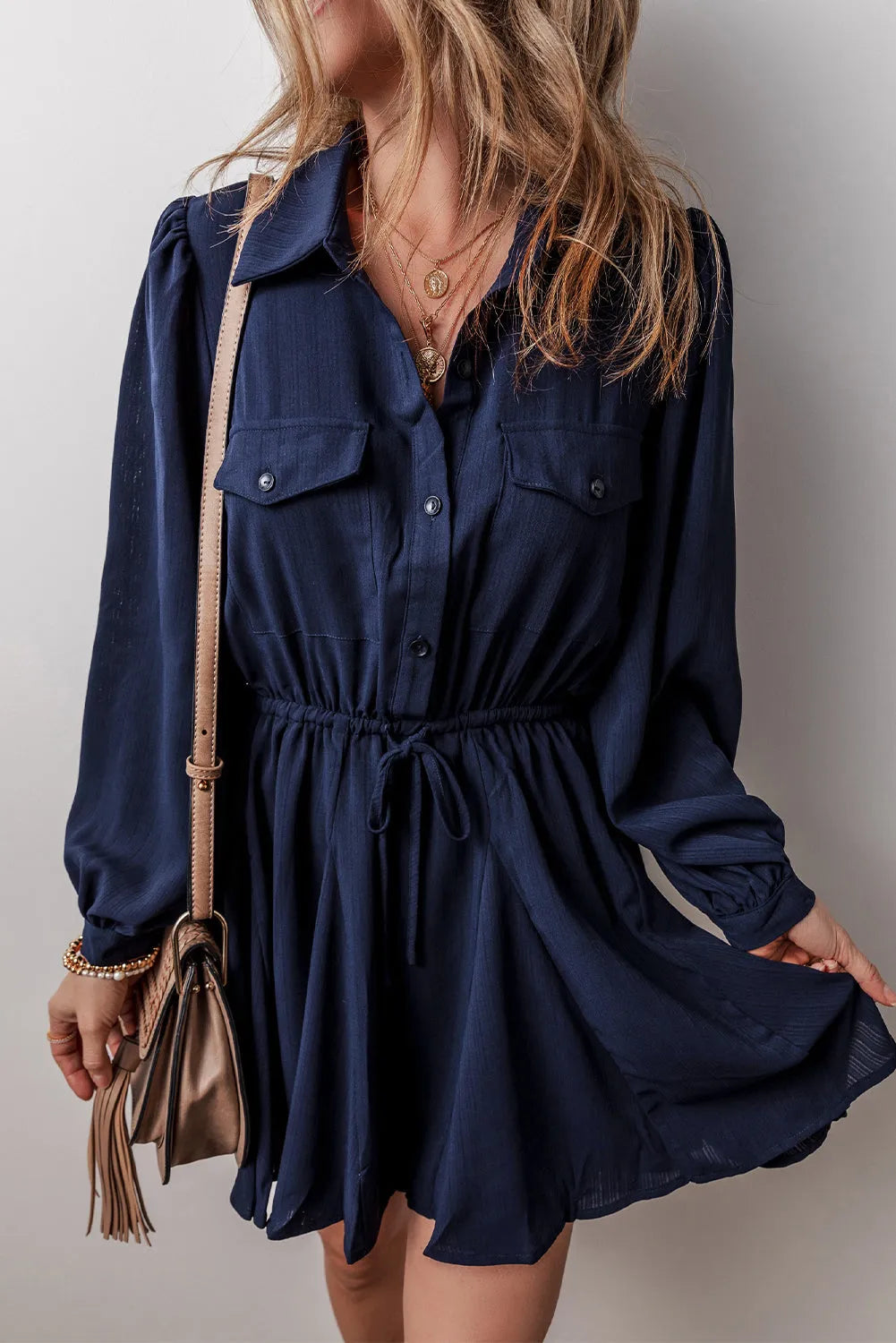 Navy Blue Solid Chest Pockets Tunic Shirt Mini Dress - Chic Meadow Boutique 