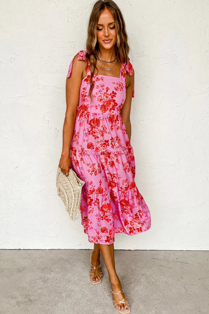 Pink Tie Shoulder Straps Tiered Floral Dress - Chic Meadow Boutique 