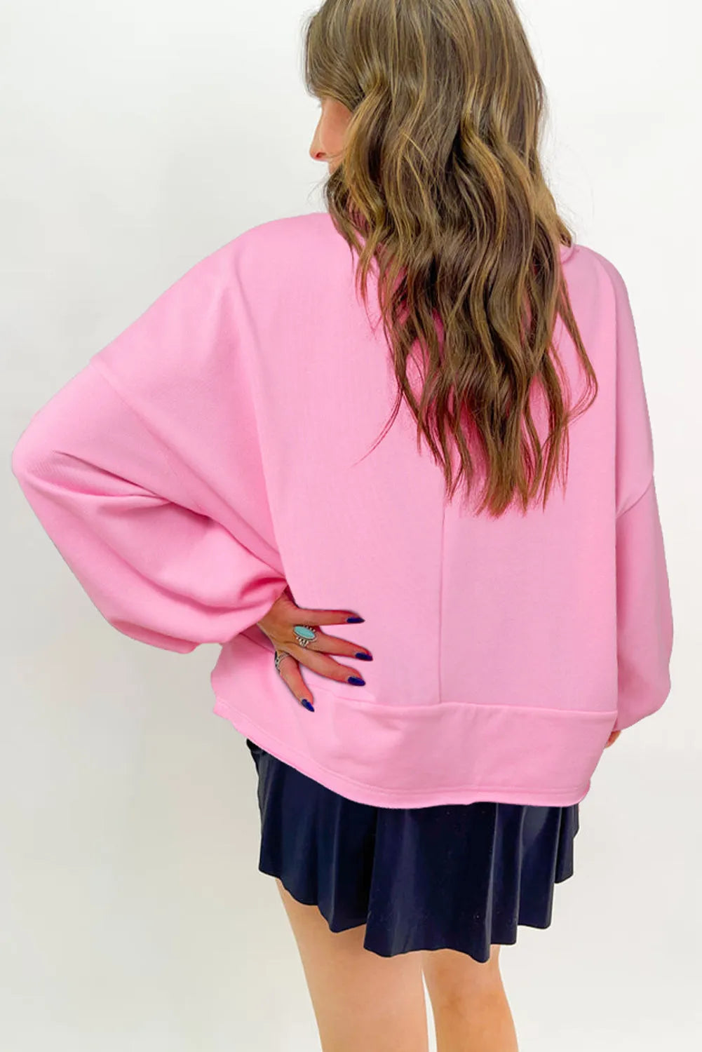 Sachet Pink Solid Color Buttoned Neckline Loose Sweatshirt - Chic Meadow Boutique 