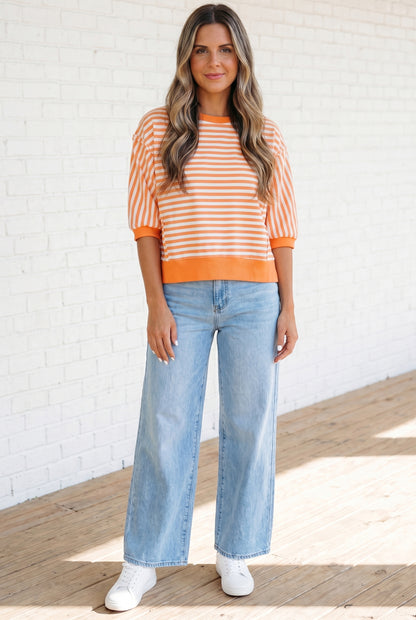 Orange Stripe 3/4 Sleeve Exposed Seam Patchwork Pullover Top