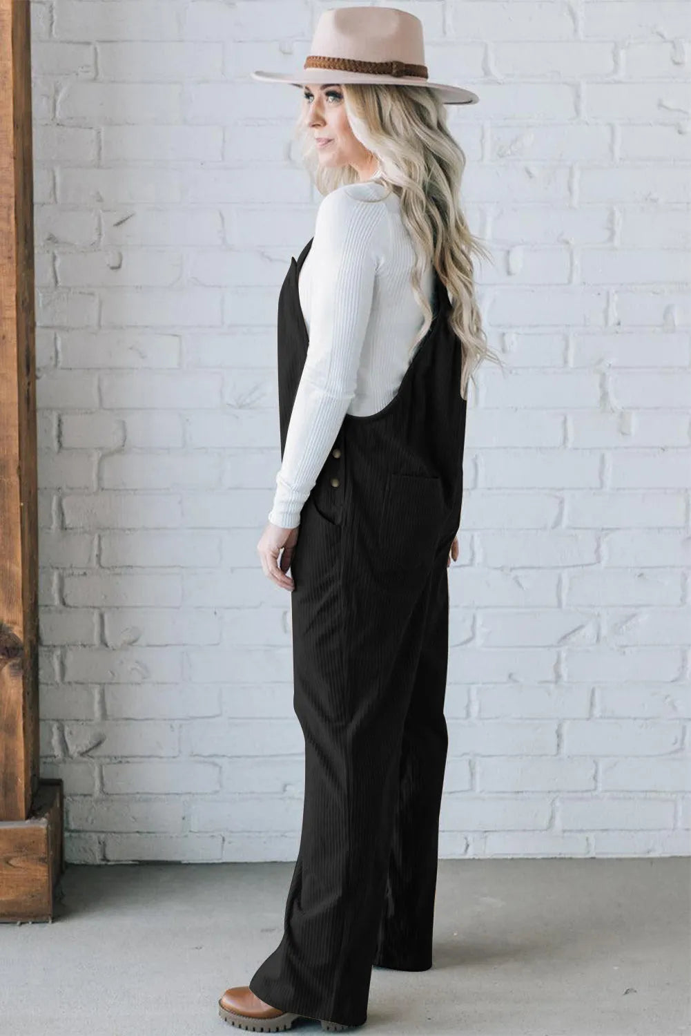 Black Solid Pocketed Loose Fit Corduroy Overall - Chic Meadow Boutique 