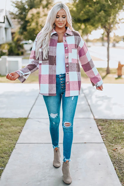 Plaid Color Block Buttoned Long Sleeve Jacket with Pocket - Chic Meadow Boutique 