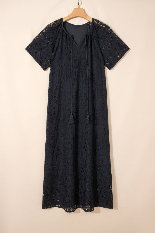 Black Floral Lace Overlay Tassel Tie Short Sleeve Beach Vacation Loose Maxi Dress