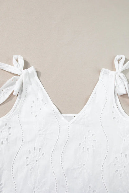 White Embroidery Patterned Knotted Straps V Neck Tank Top - Chic Meadow Boutique 