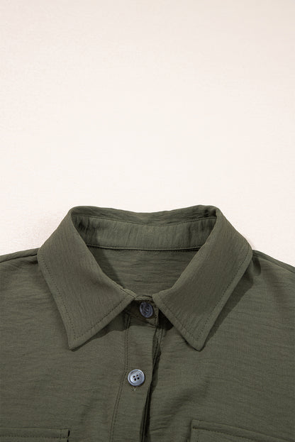 Moss Green Half Button Belted Utility Short Sleeve Jumpsuit