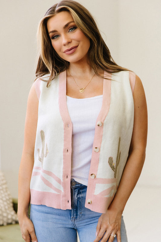 Pink Color Block Trim Button Front Cactus Pattern Western Sweater Vest