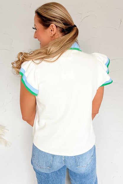 White Color Contrast Ruffled Sleeve Collared V Neck Blouse