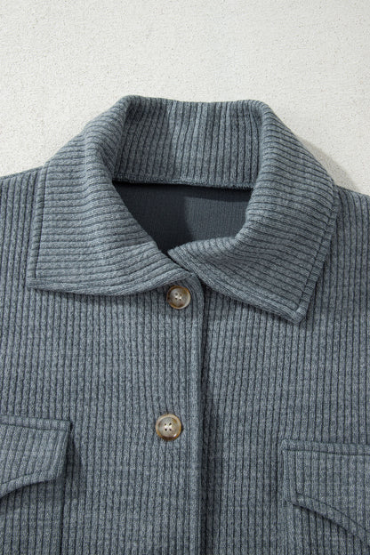 Medium Grey Ribbed Knit Buttons Front Flap Pocket Casual Shacket