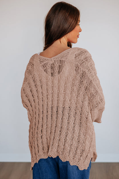 Old Rose Hollowed Pattern Knit Drop Shoulder Open Sweater Cardigan