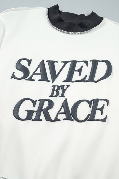 Beige Saved By Grace Print Color Block Mock Neck Oversized Sweatshirt