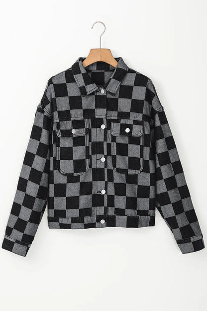 Black Checkered Patchwork Button up Denim Jacket - Chic Meadow Boutique 