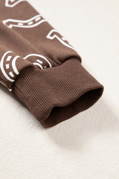 Brown Western Horseshoe Print Mock Neck Casual Pullover Sweatshirt