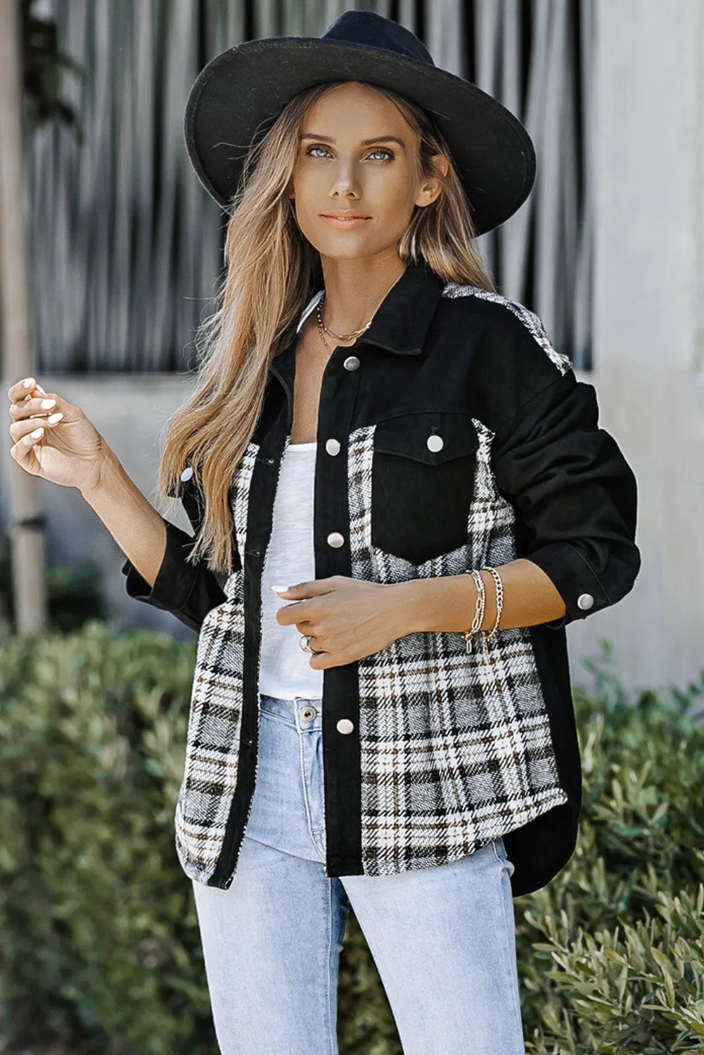 Black Plaid Patchwork Raw Hem Denim Jacket - Chic Meadow Boutique 